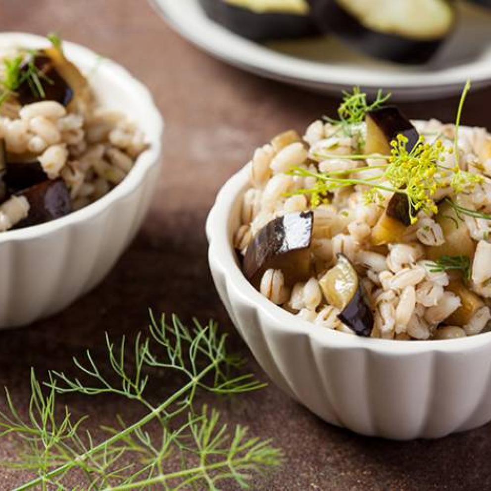 Orzotto freddo, melanzane, finocchio selvatico