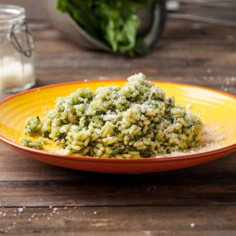 Risotto spinaci e pecorino al tè verde